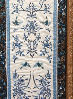 Chinese Silk Embroidered Floral Textile in Blue and White