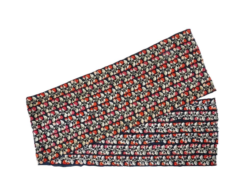 A Chinese silk hand embroidered textile featuring a vivid berry motif against a black background. Antique and Vintage Asian and Oriental Embroidery Paintings on Silk, Home Decor, and Collectibles.

Dimensions: 8 1/2 x 46 in. All measurements are