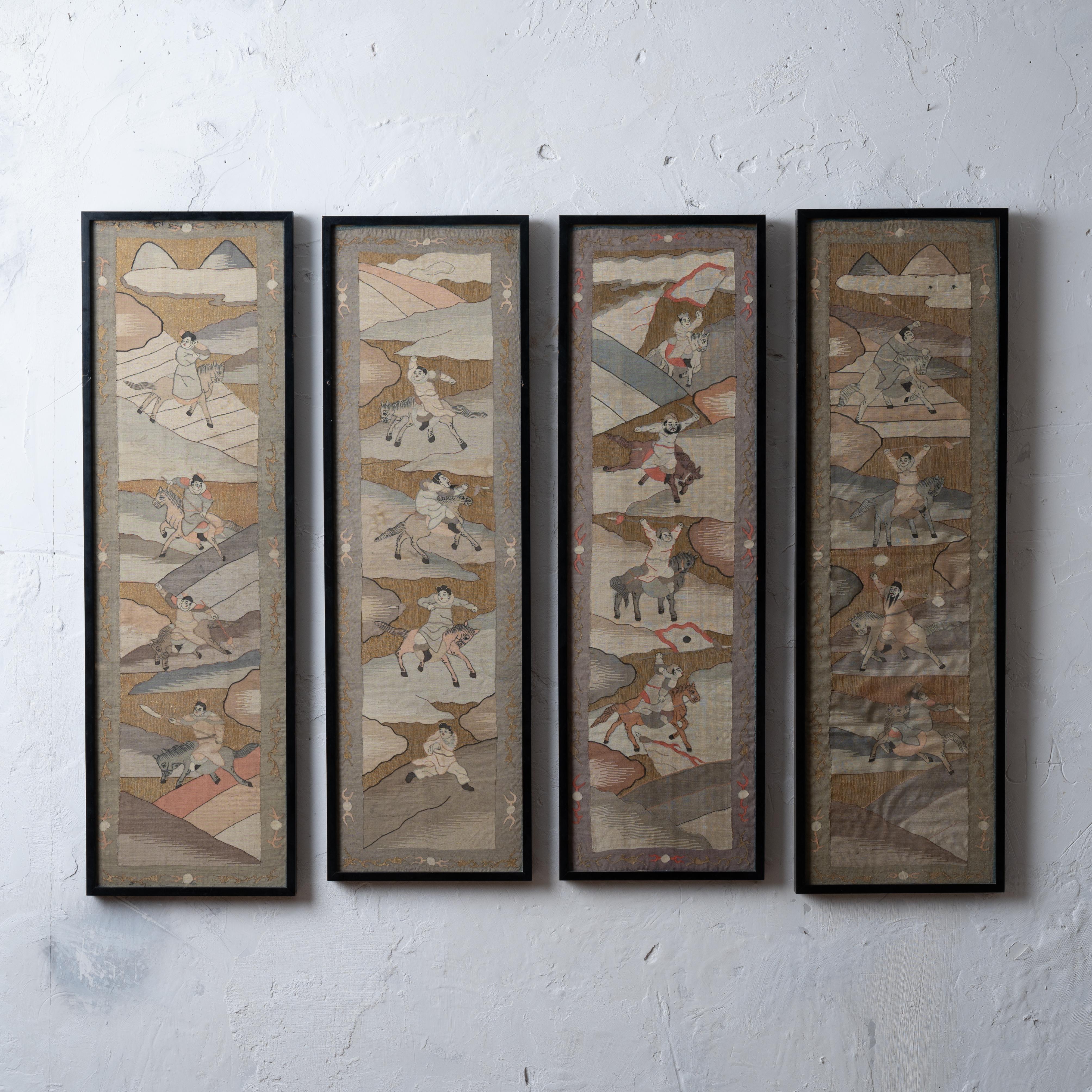 A set of four Chinese silk kesi embroidered panels, Qing Dynasty, 19th Century.

larger pair: 11 ⅞ by 38 ½ inches

smaller: 11 ½ by 37 ½ inches



