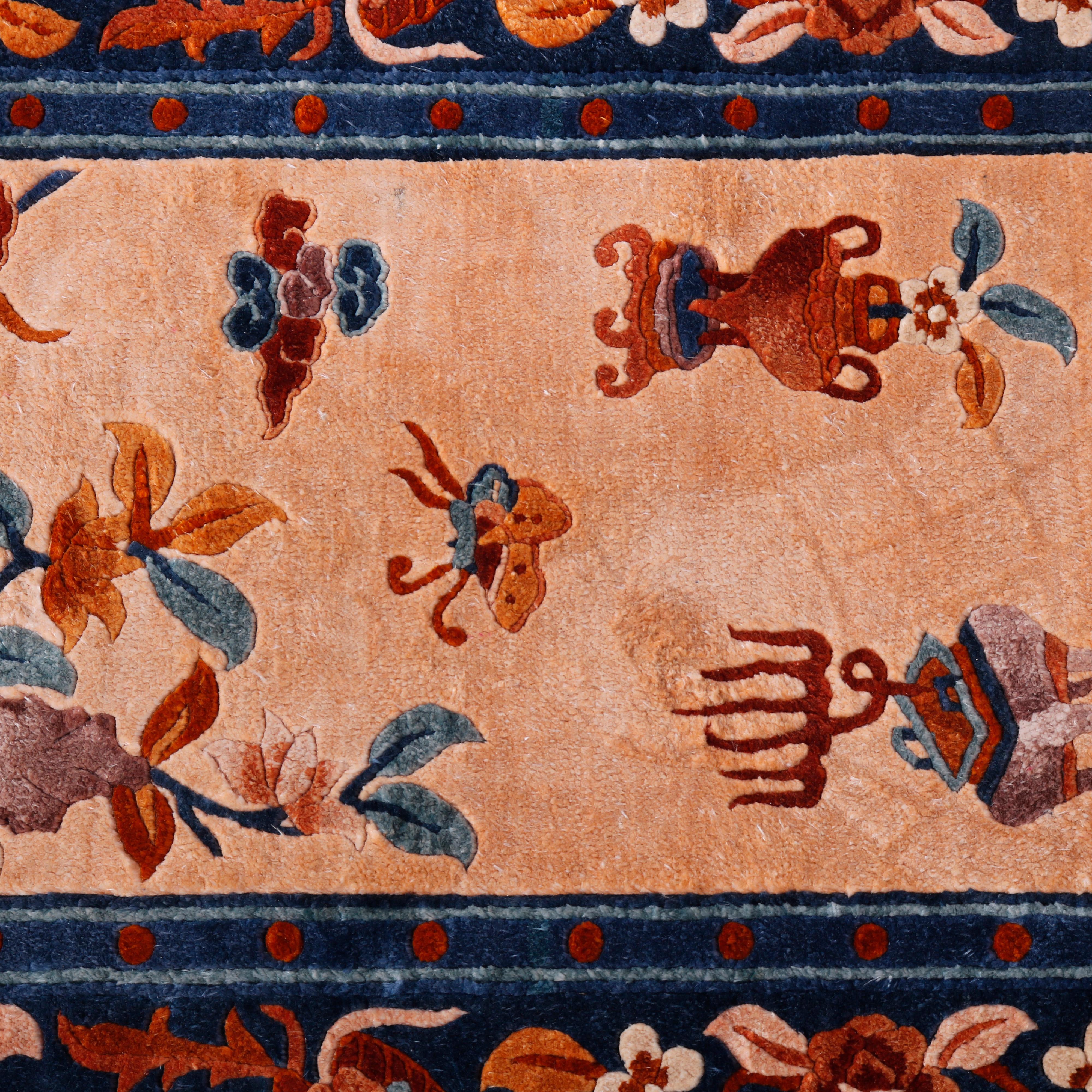 Woven Chinese Silk Oriental Rug, Garden Scene with Butterflies, 20th C