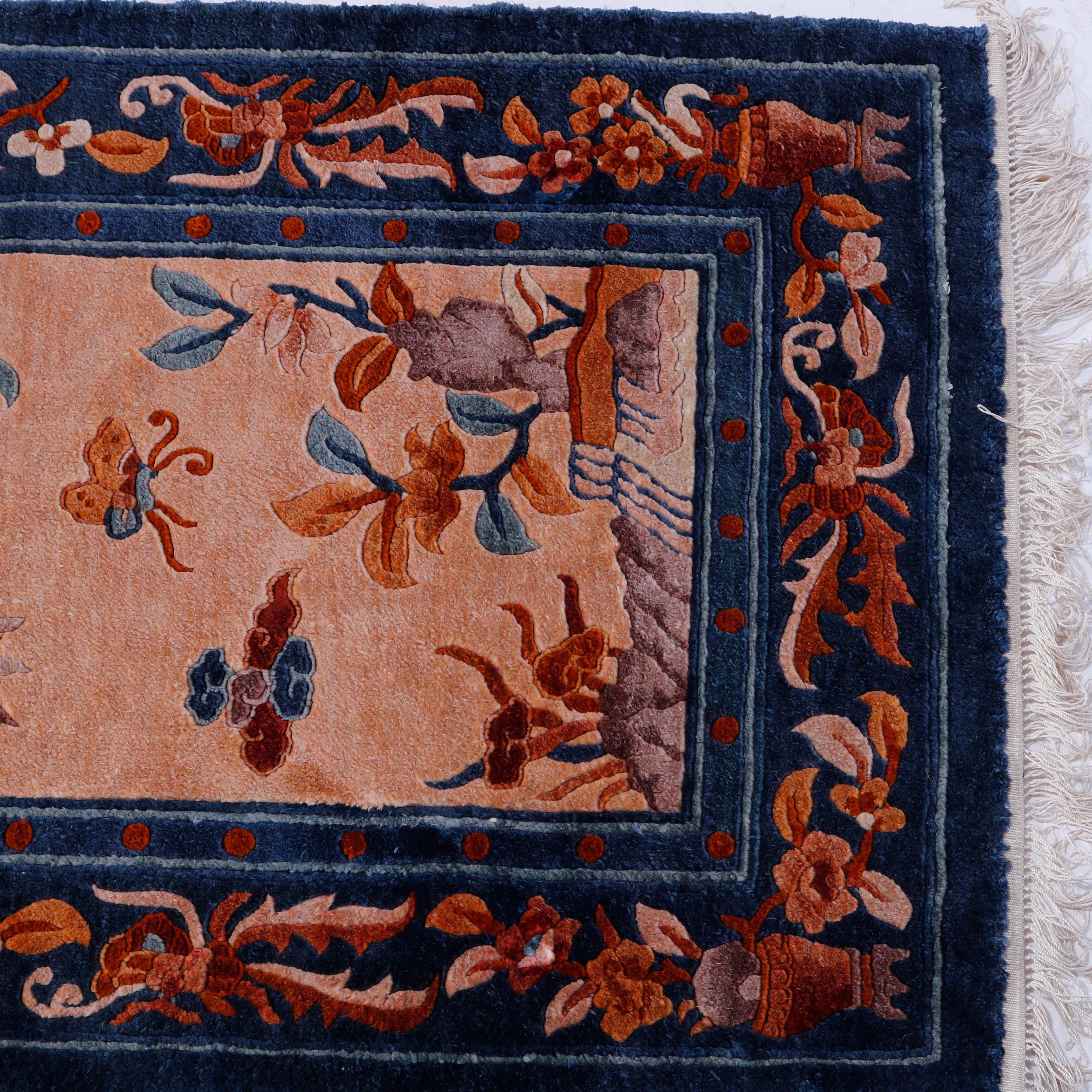 Chinese Silk Oriental Rug, Garden Scene with Butterflies, 20th C 2
