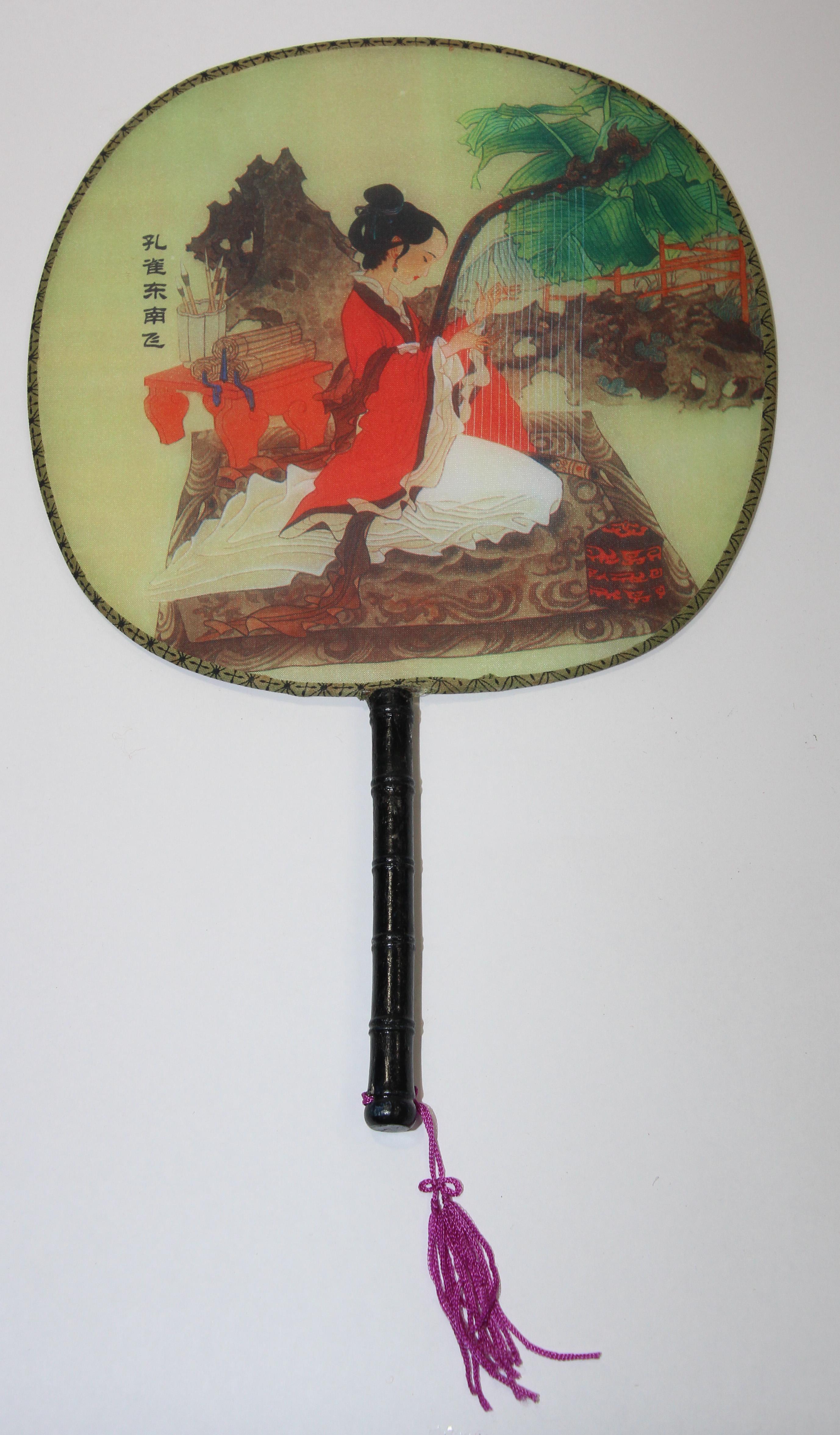 20th Century Chinese Silk Round Paddle Fans, Hand Fan with Geisha Woman Design
