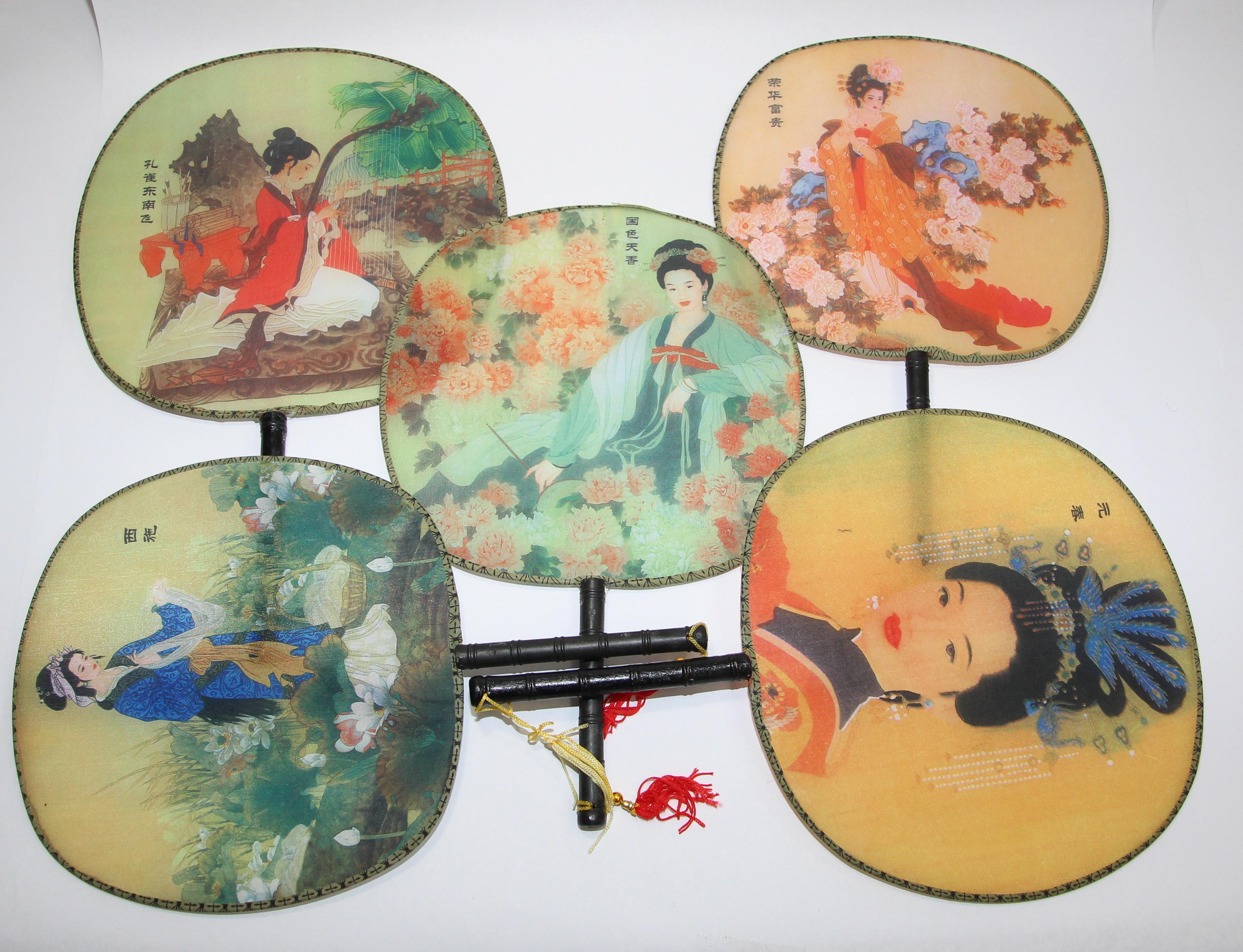 Chinese Silk Round Paddle Fans, Hand Fan with Geisha Woman Design 1