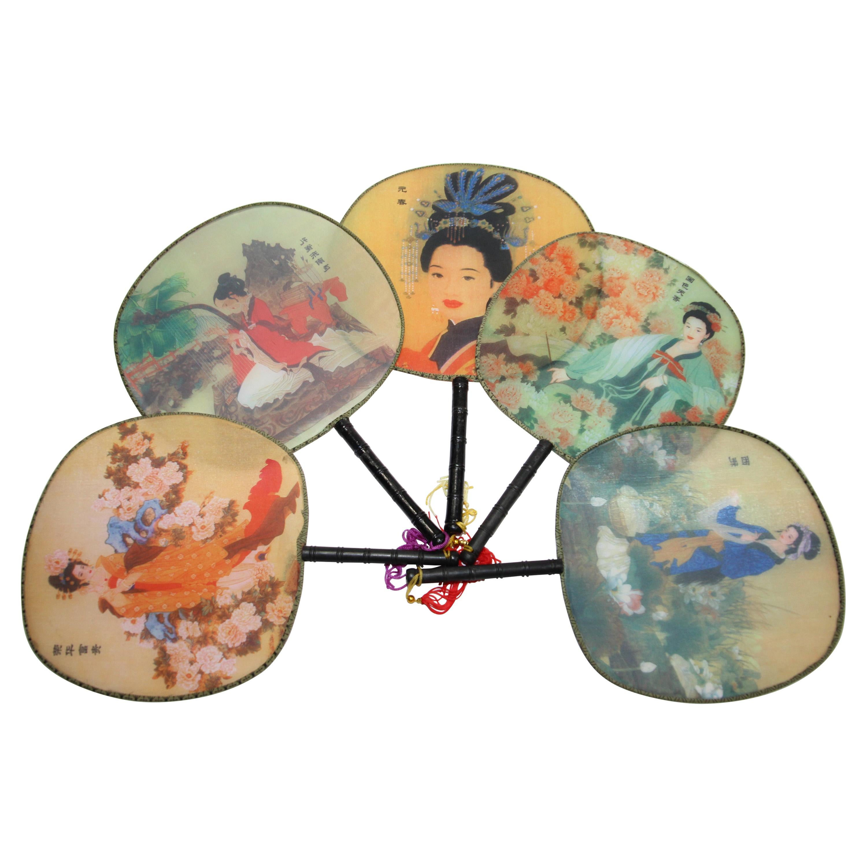 Chinese Silk Round Paddle Fans, Hand Fan with Geisha Woman Design