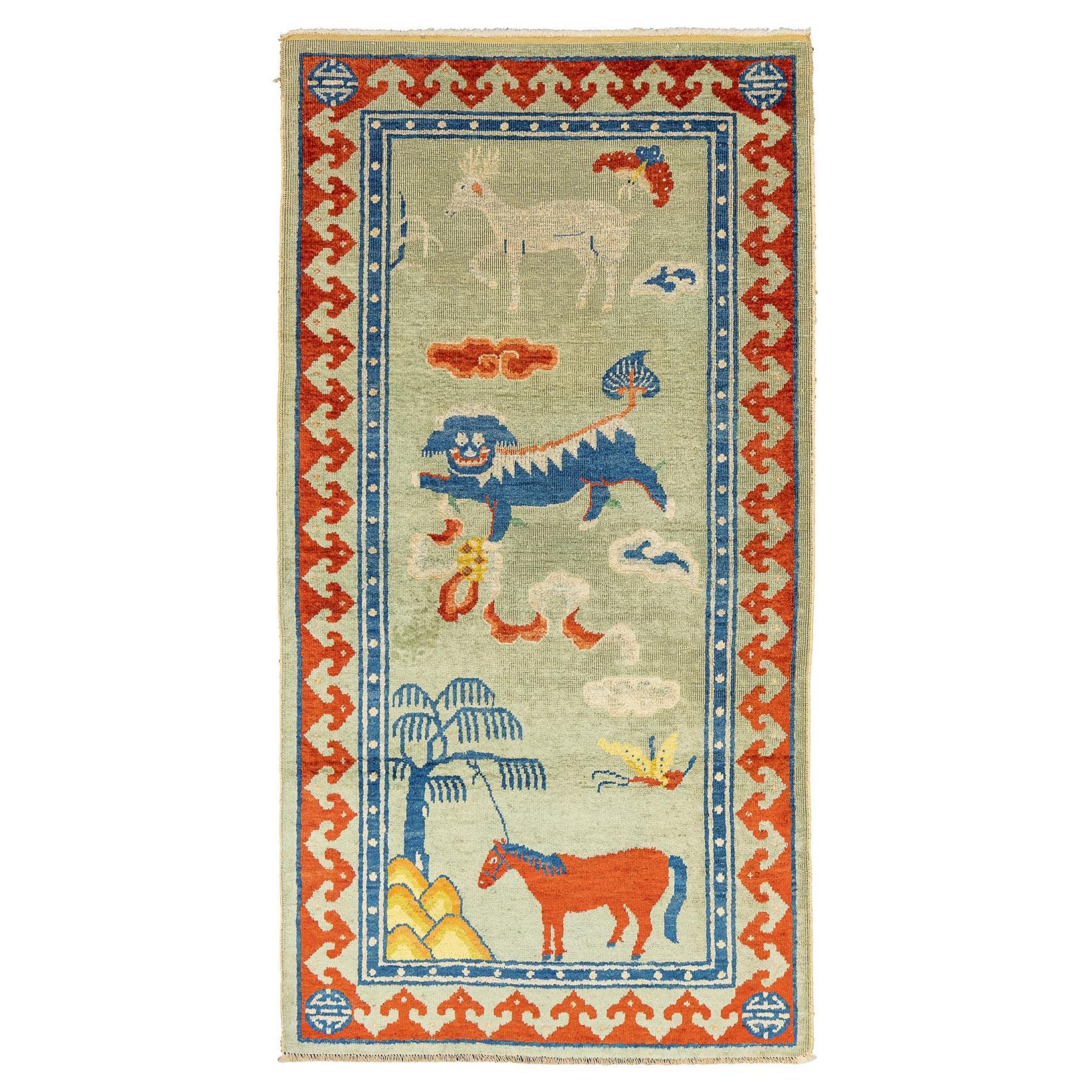 Chinese Silk Rug Foo Dog Design, 1900-1920