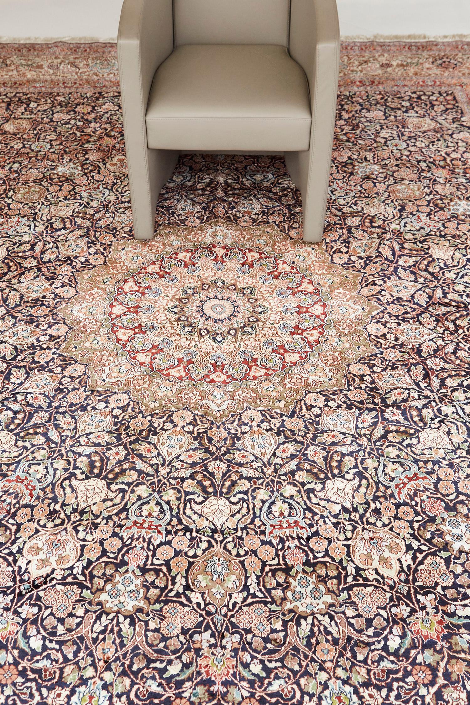 This vivid and trendy masterpiece of the Chinese Silk rug from our collection features a majestic all-over design. The grandiose round pattern with a floral design makes the rug more stylish. A glorious lush and brown pattern is perfect for a