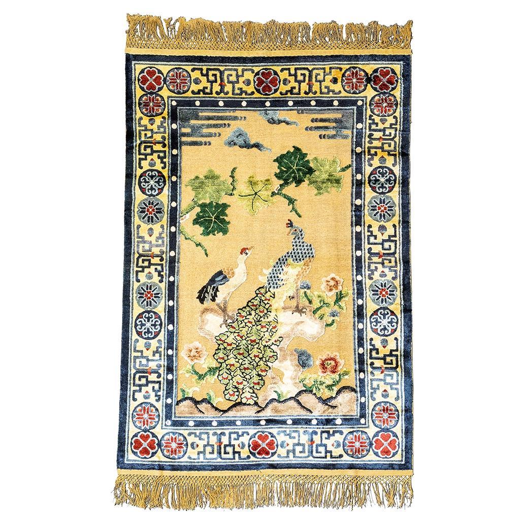Chinese Silk Rug Immortal Bird Design, 1950-1970 For Sale