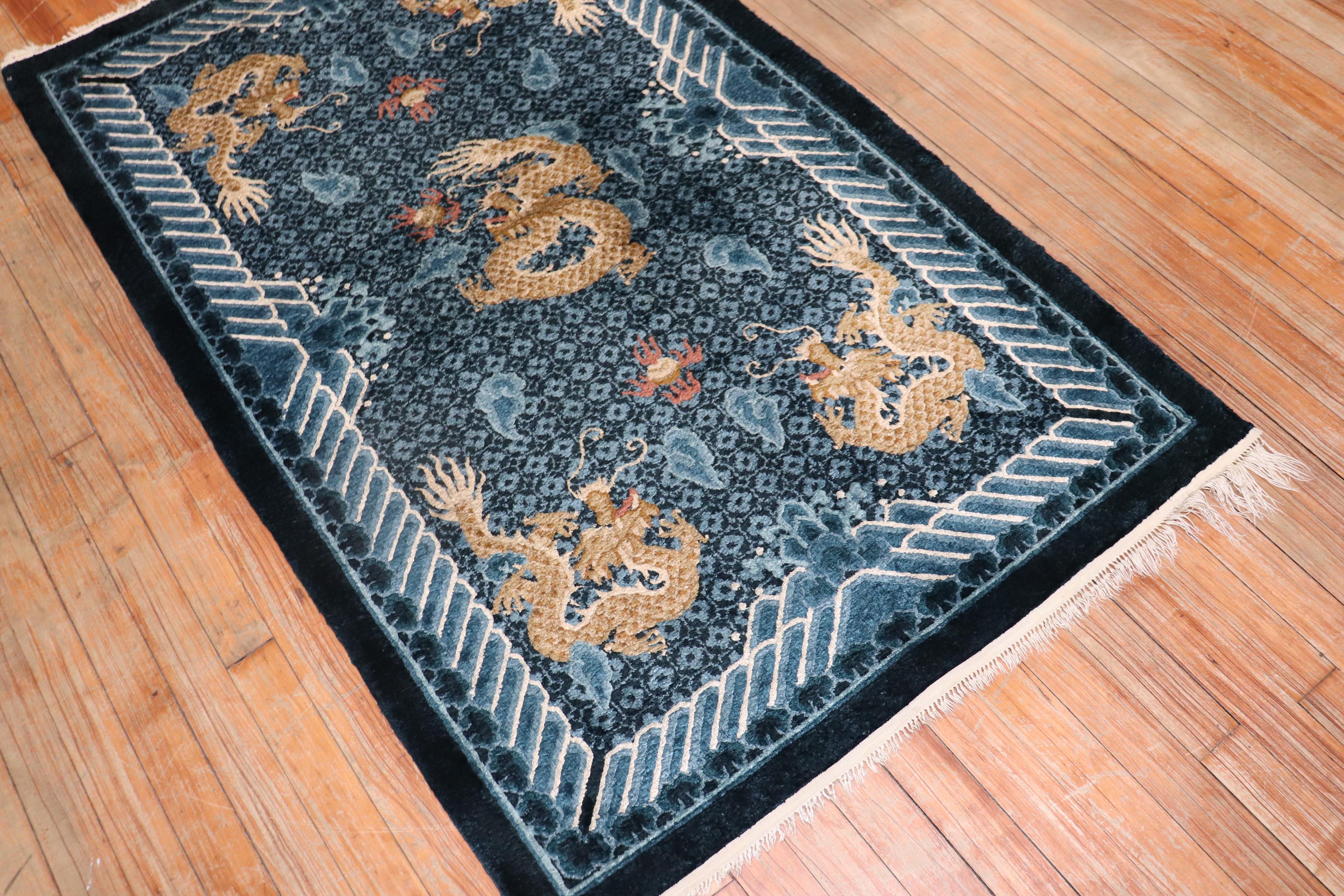 Hand-Woven Chinese Silk Scatter Dragon Rug For Sale