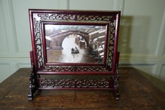 Chinese Silk Table Screen with Intricately Carved Stand