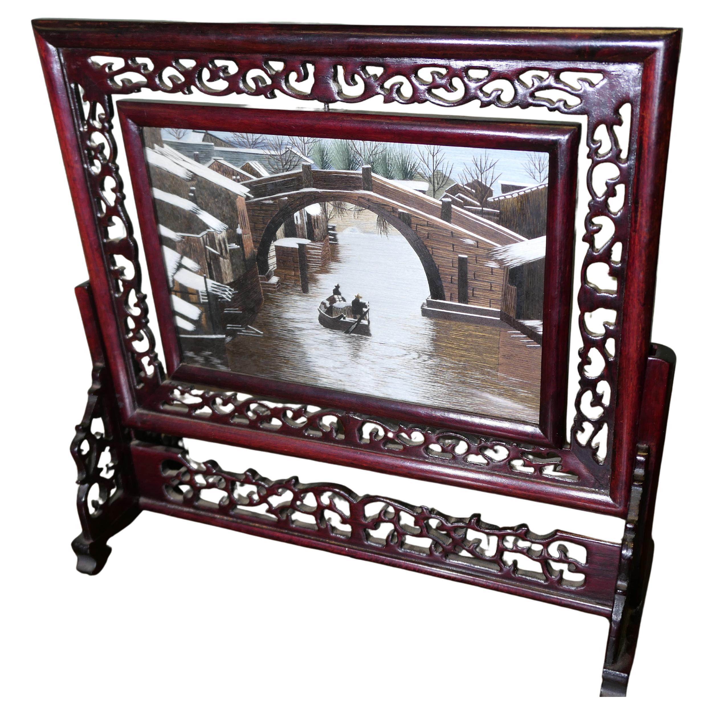 Chinese Silk Table Screen with Intricately Carved Stand For Sale