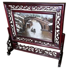 Antique Chinese Silk Table Screen with Intricately Carved Stand