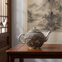 Chinesische Silber und Emaille Teekanne mit Elstern und Blüte