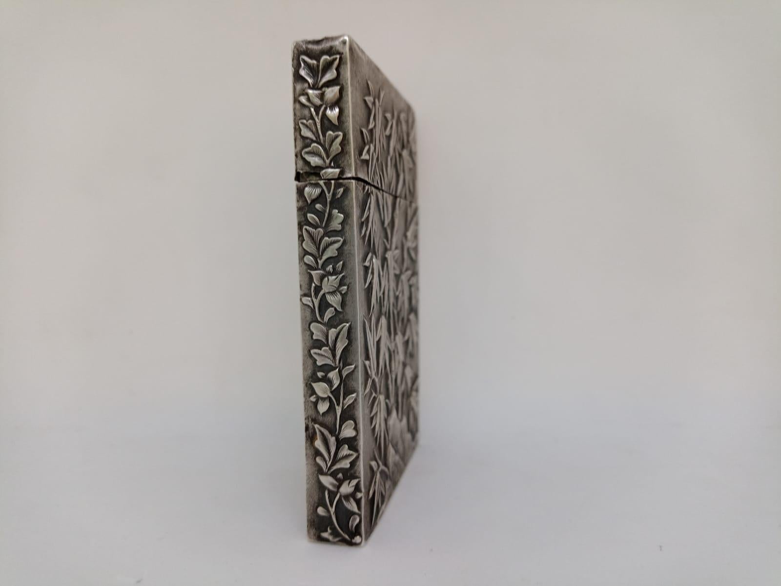 Hand-Carved Chinese Silver Card Holder Artist Lee Ching For Sale