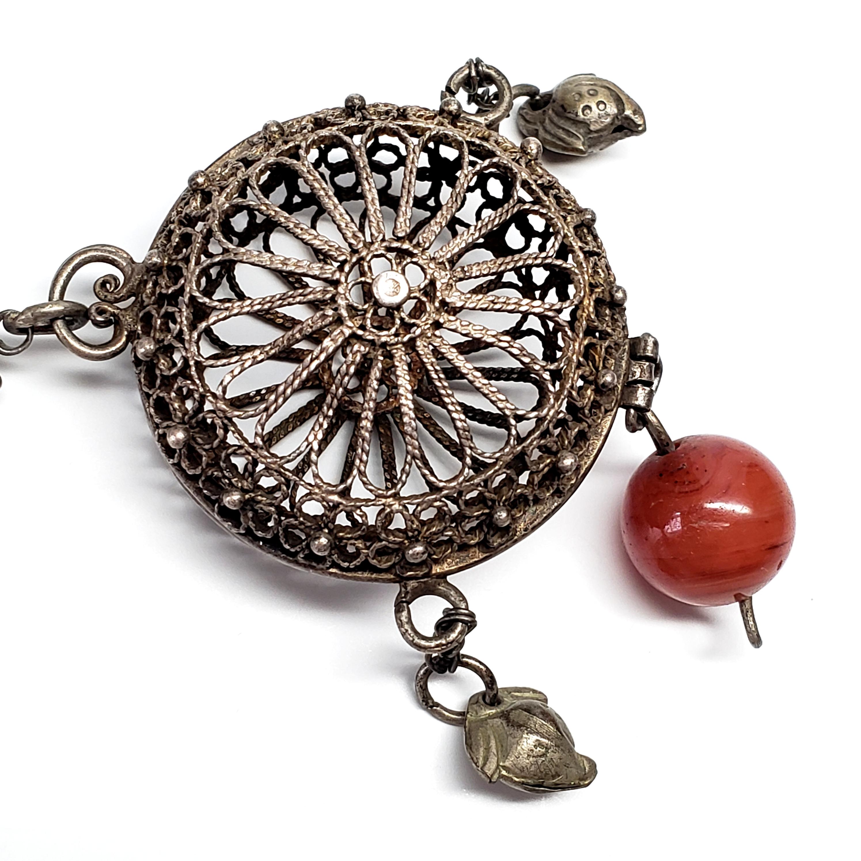 Women's Chinese Silver Chatelaine Filigree Cricket Cage Vinaigrette with Carnelian Bead