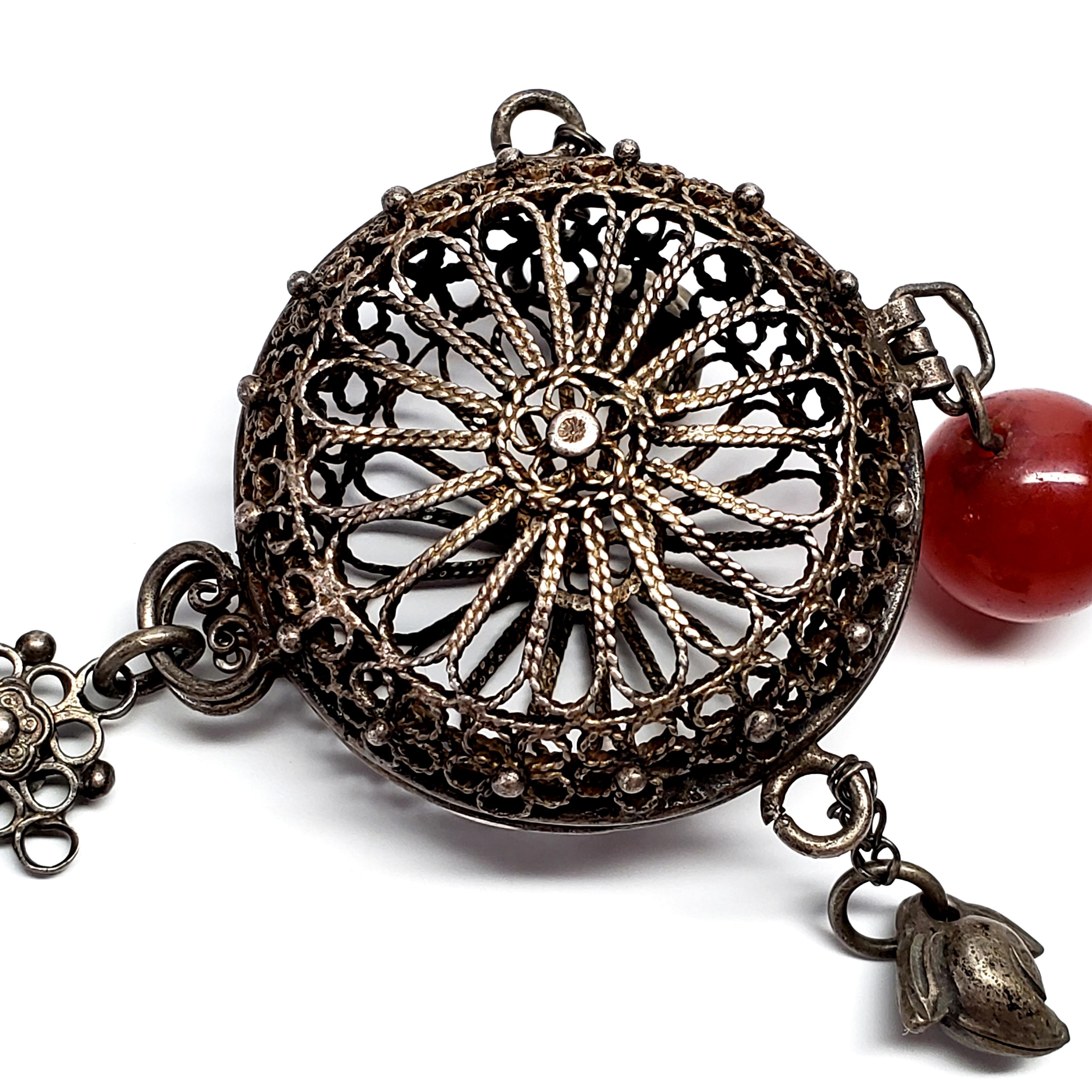 Chinese Silver Chatelaine Filigree Cricket Cage Vinaigrette with Carnelian Bead 2