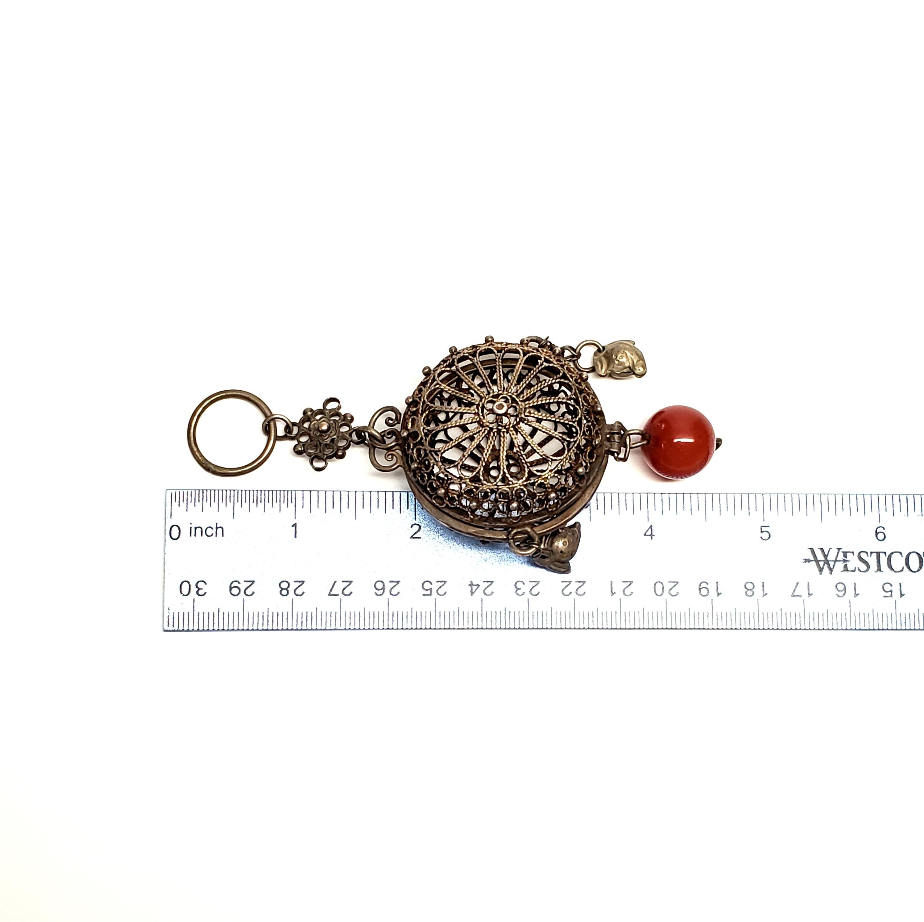 Chinese Silver Chatelaine Filigree Cricket Cage Vinaigrette with Carnelian Bead 3