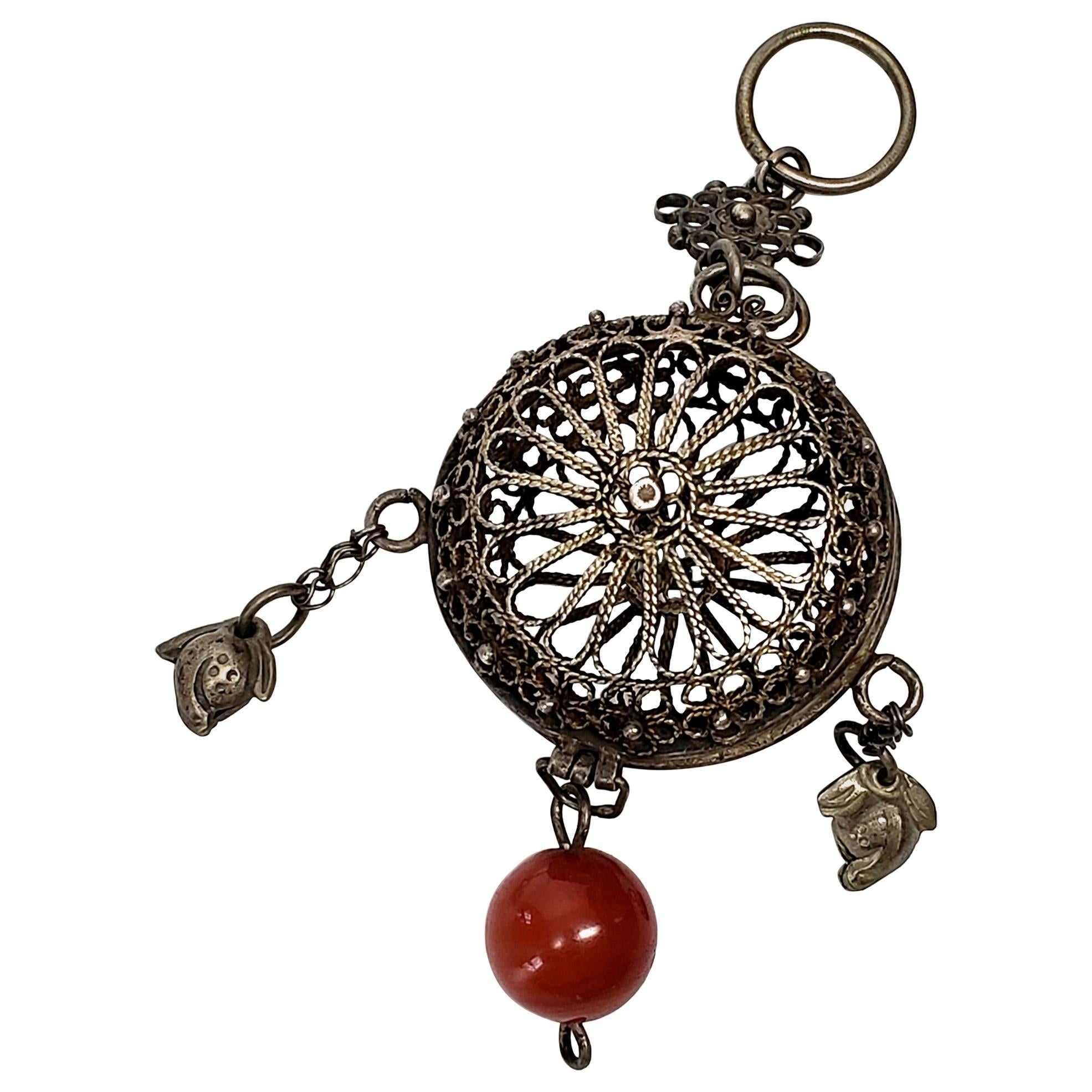 Chinese Silver Chatelaine Filigree Cricket Cage Vinaigrette with Carnelian Bead