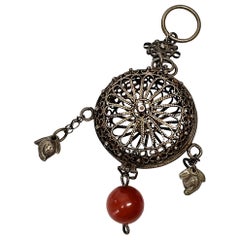 Vintage Chinese Silver Chatelaine Filigree Cricket Cage Vinaigrette with Carnelian Bead