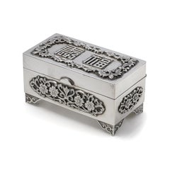 Chinese Silver Decorative Box with Relief Floral Motif and Red Velvet Interior