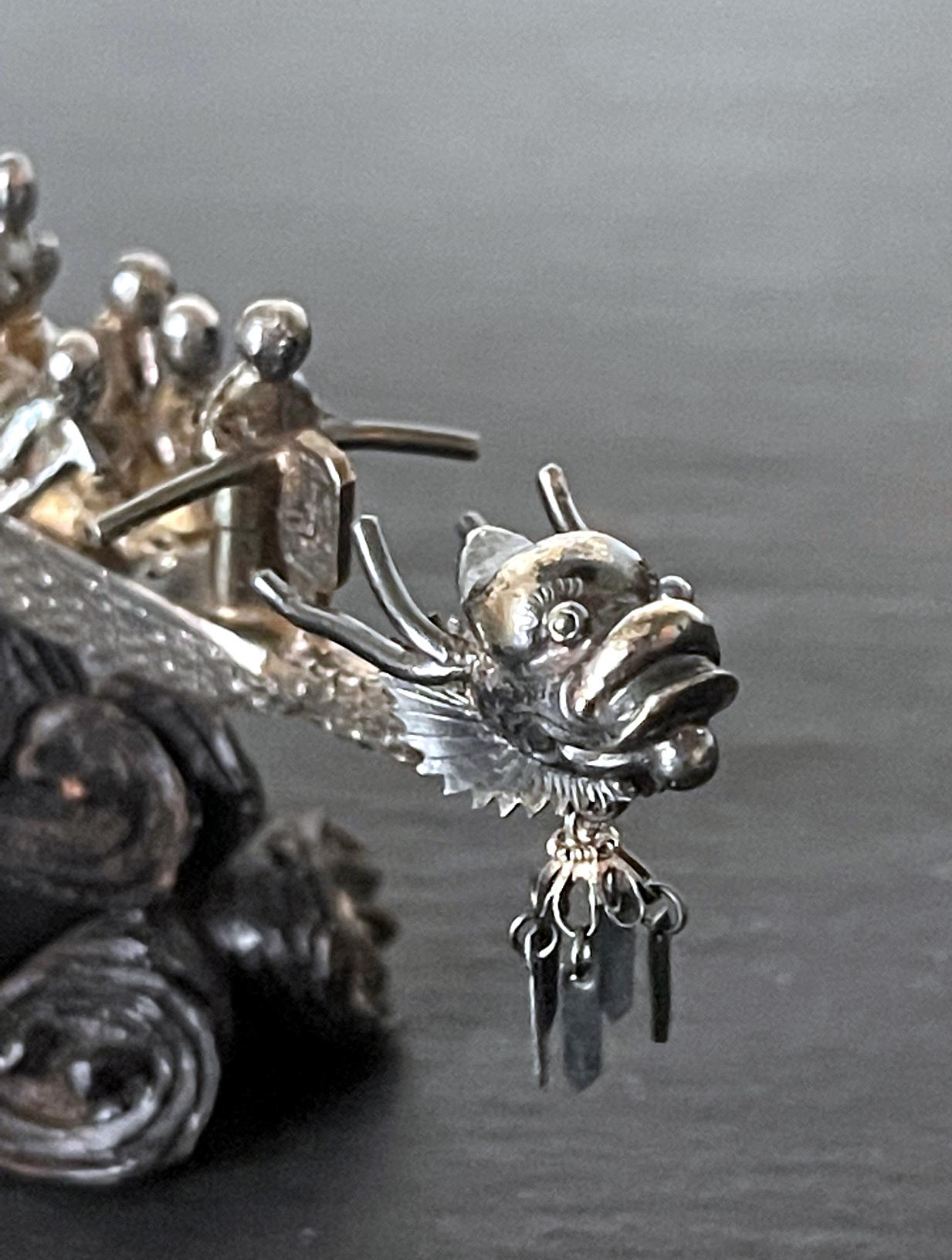 Chinese Silver Dragon Boat Model on Wood Base 5