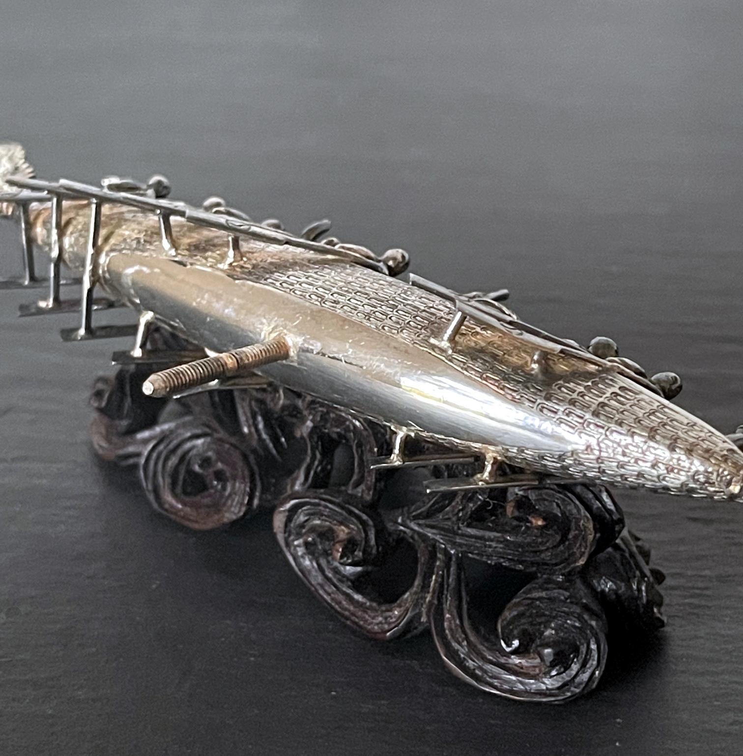 Chinese Silver Dragon Boat Model on Wood Base 6