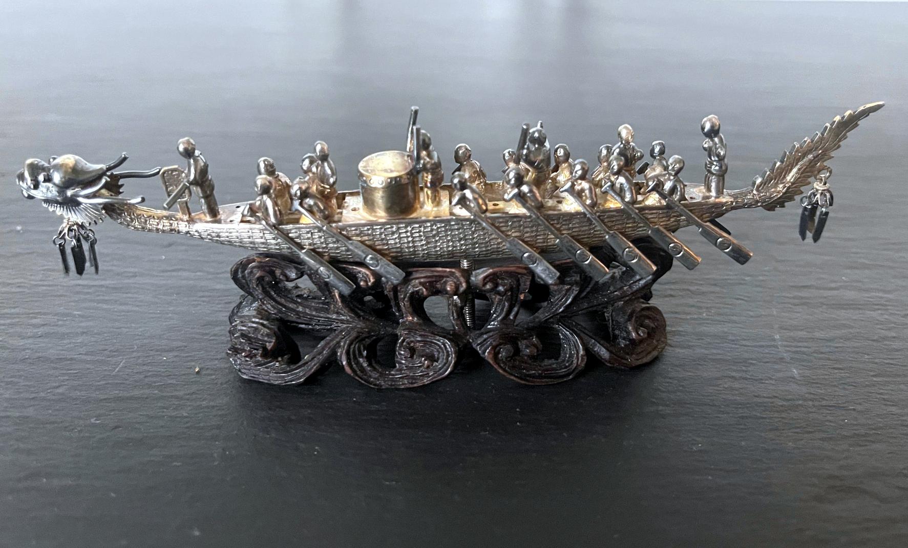 Chinese Export Chinese Silver Dragon Boat Model on Wood Base