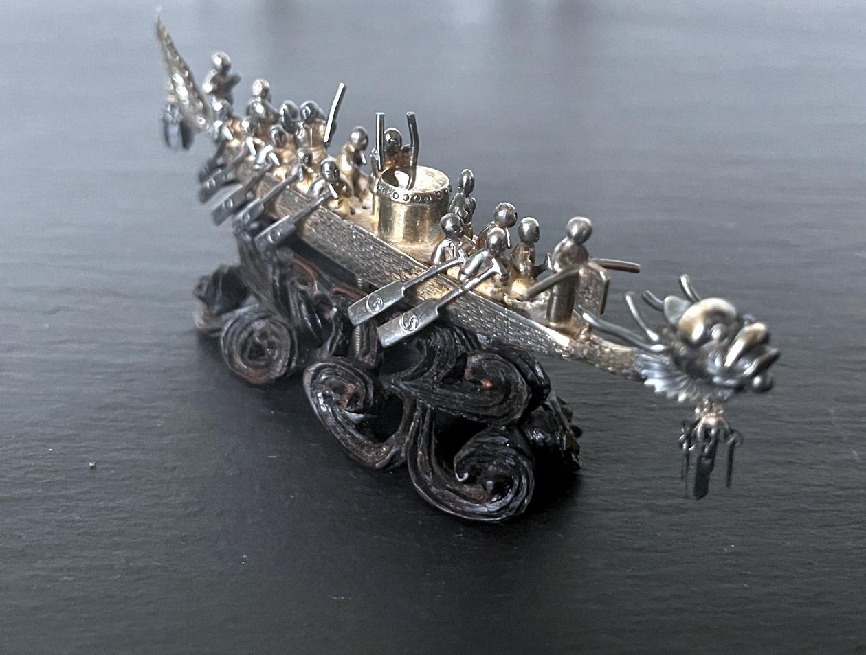 20th Century Chinese Silver Dragon Boat Model on Wood Base