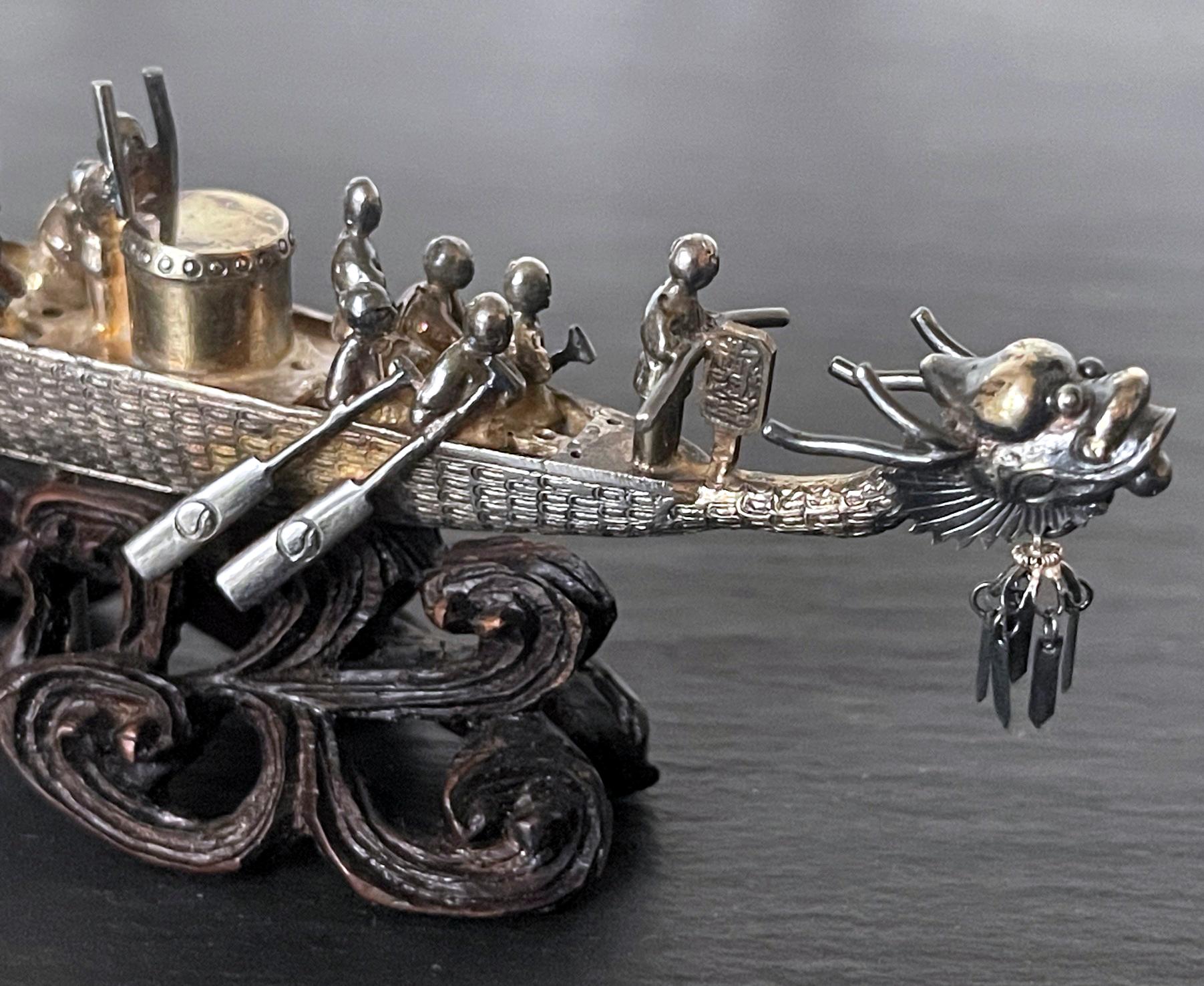 Chinese Silver Dragon Boat Model on Wood Base 1