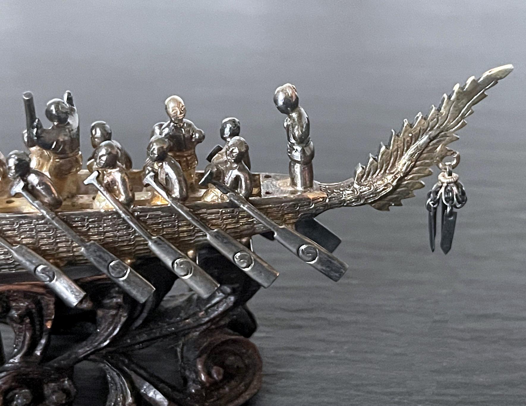 Chinese Silver Dragon Boat Model on Wood Base 4