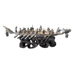 Chinese Silver Dragon Boat Model on Wood Base