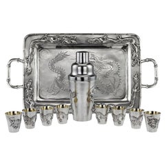 Chinese Silver Dragon Cocktail Set on Tray, circa 1910