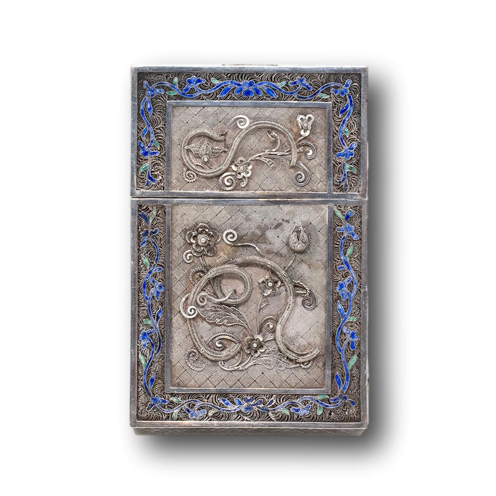 Qing Chinese Silver & Enamel Filigree Business Card or Card Case For Sale