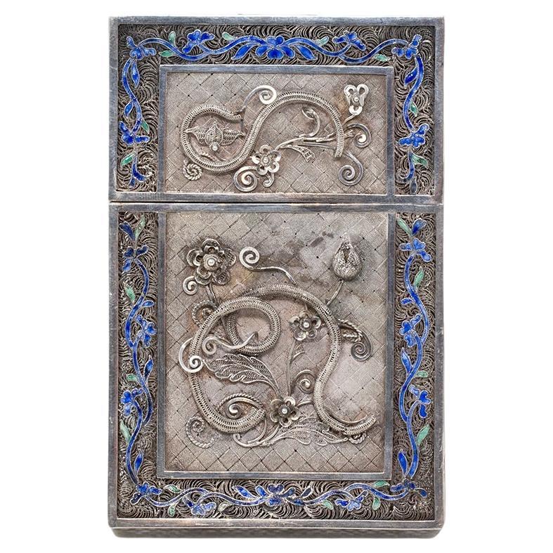 Chinese Silver & Enamel Filigree Business Card or Card Case For Sale