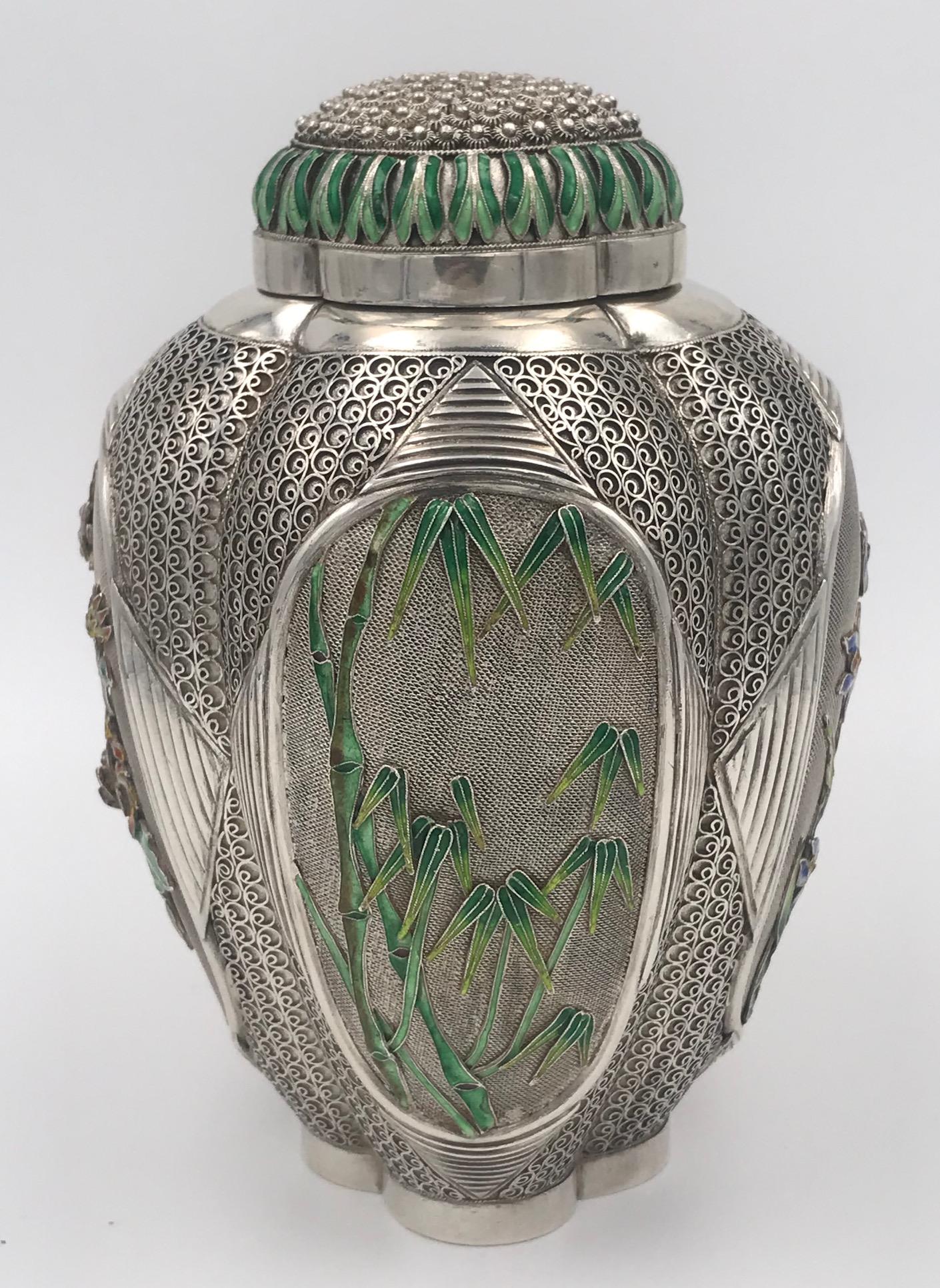 Chinoiserie Chinese Silver and Enamel Tea Caddy