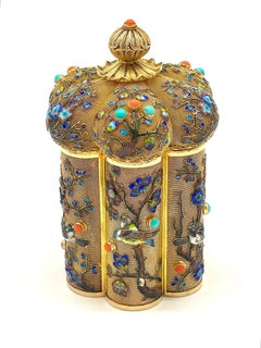 Chinese Silver Filagree Gold Washed & Enamel Bird Motif  & Coral Pagoda  Box