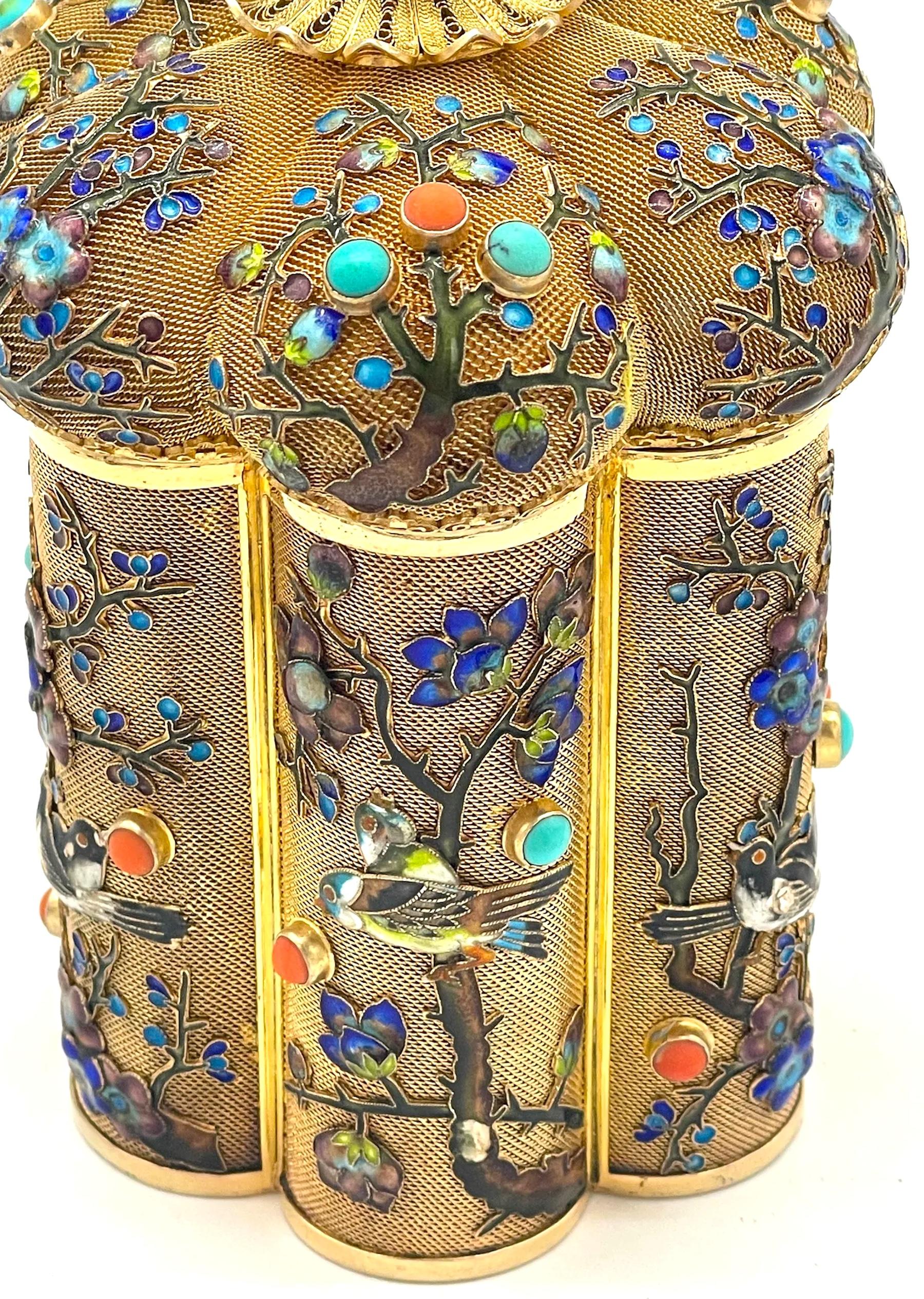 Chinese Export Chinese Silver Filagree Gold Washed & Enamel Bird Motif  & Coral Pagoda  Box For Sale