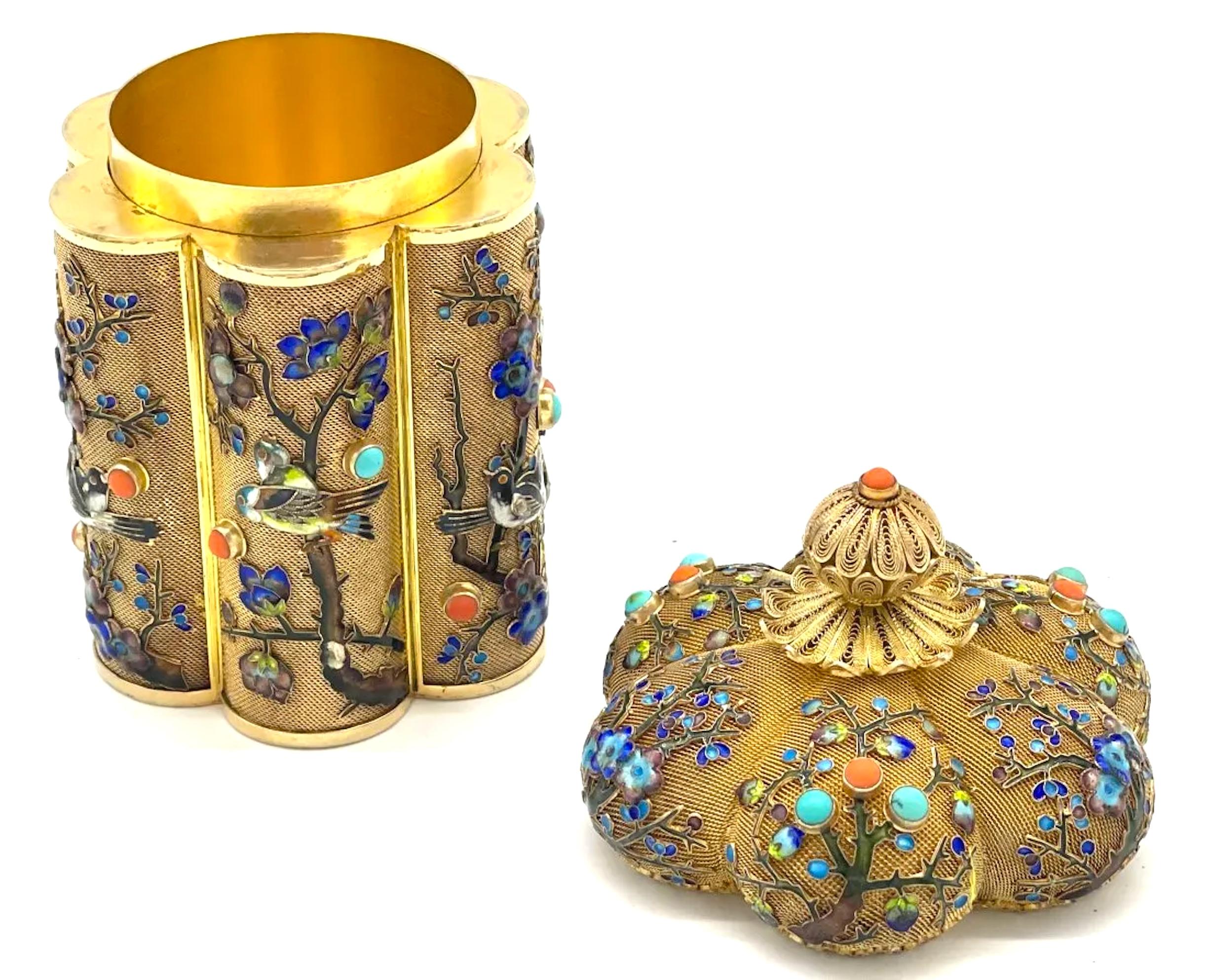Enameled Chinese Silver Filagree Gold Washed & Enamel Bird Motif  & Coral Pagoda  Box For Sale