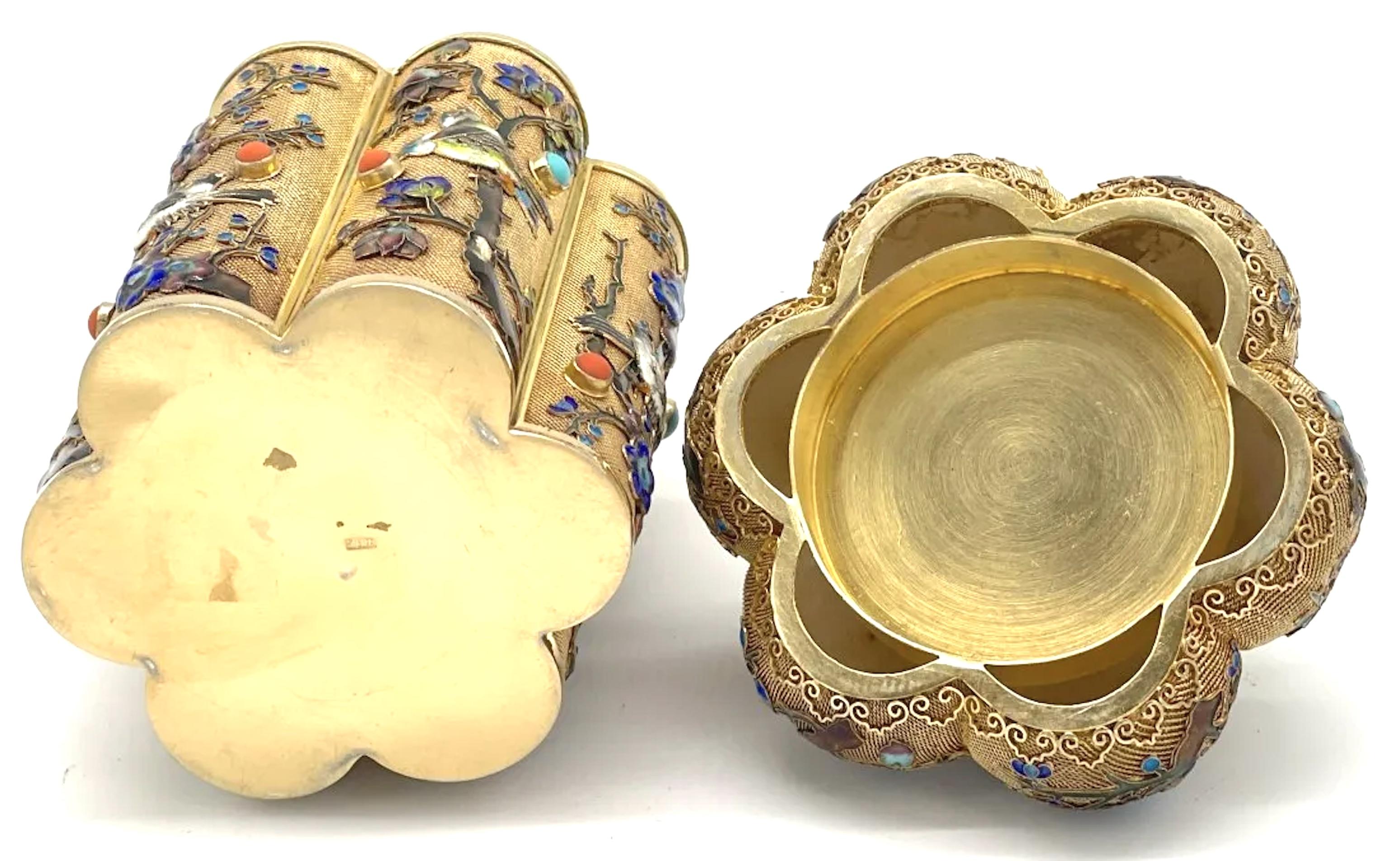 Chinese Silver Filagree Gold Washed & Enamel Bird Motif  & Coral Pagoda  Box In Good Condition In West Palm Beach, FL