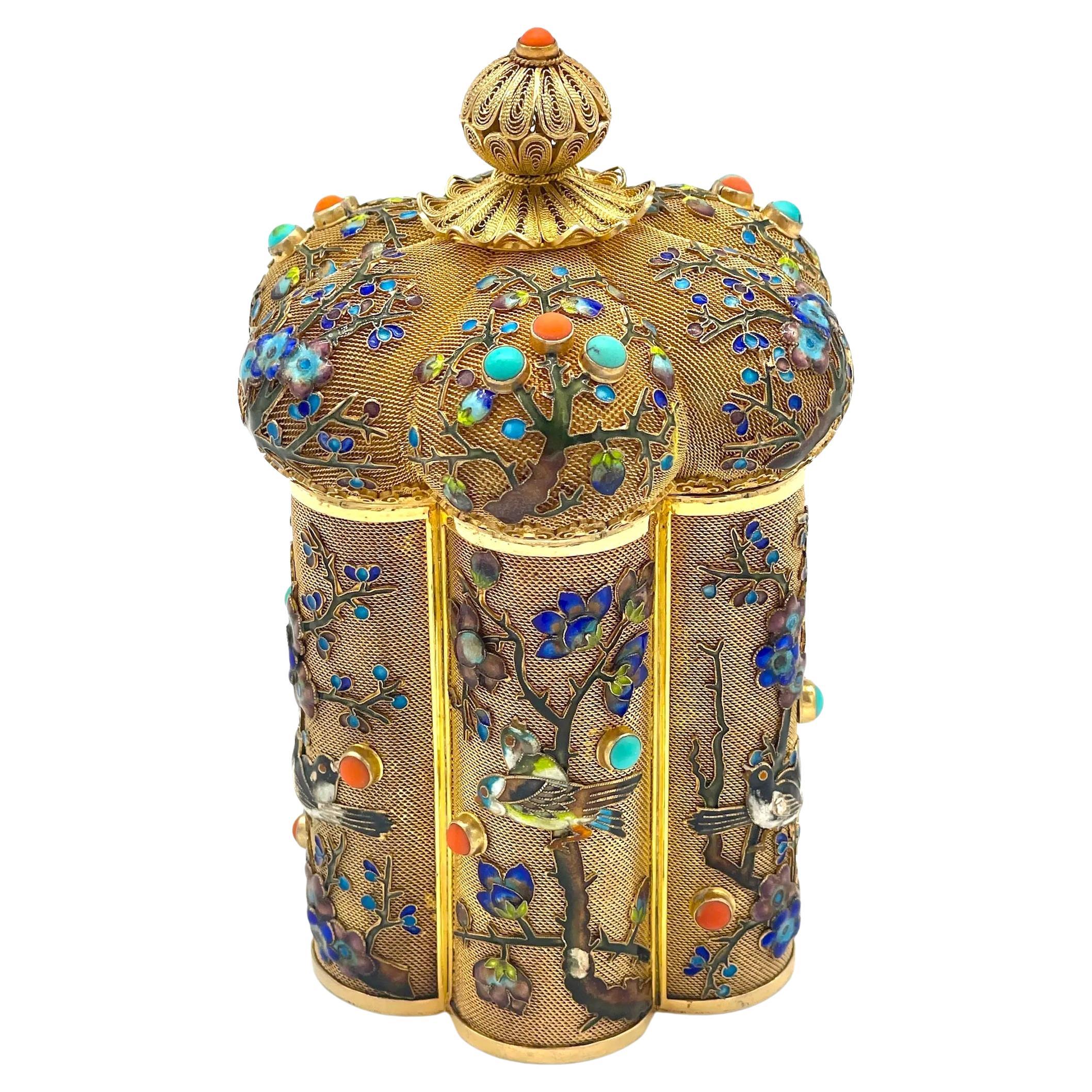 Chinese Silver Filagree Gold Washed & Enamel Bird Motif  & Coral Pagoda  Box For Sale