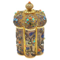 Vintage Chinese Silver Filagree Gold Washed & Enamel Bird Motif  & Coral Pagoda  Box