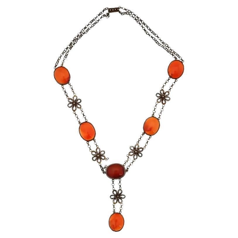 Chinese Silver Filigree And Agate Chain Necklace For Sale