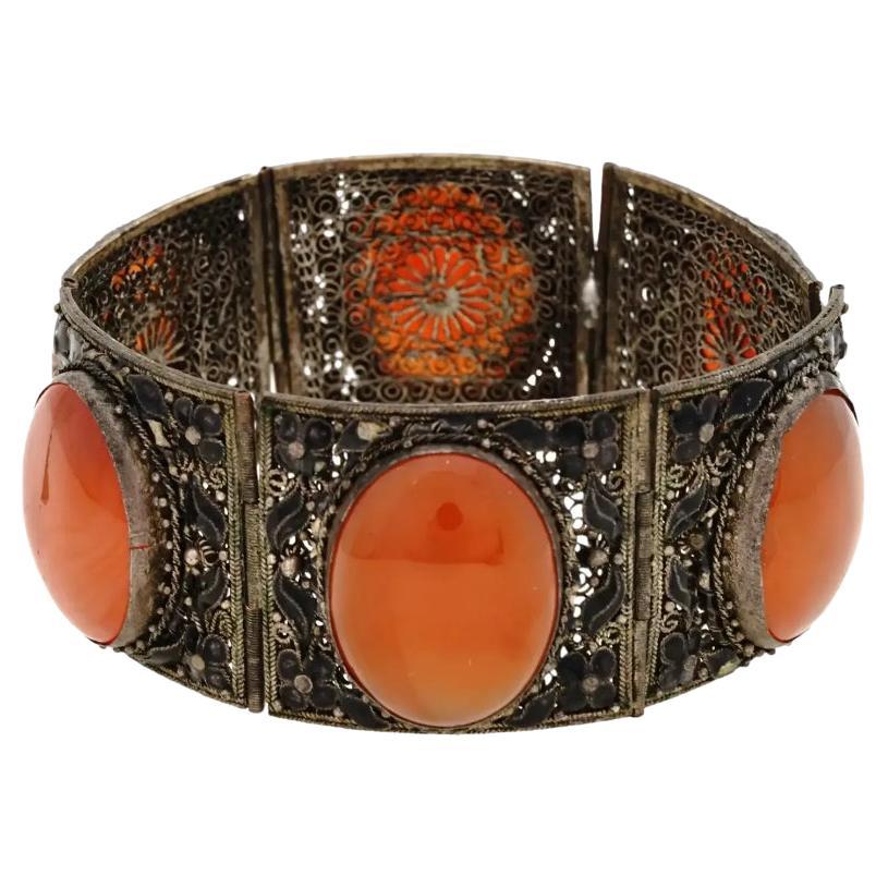 Chinese Silver Filigree Emamel And Agate Bracelet For Sale