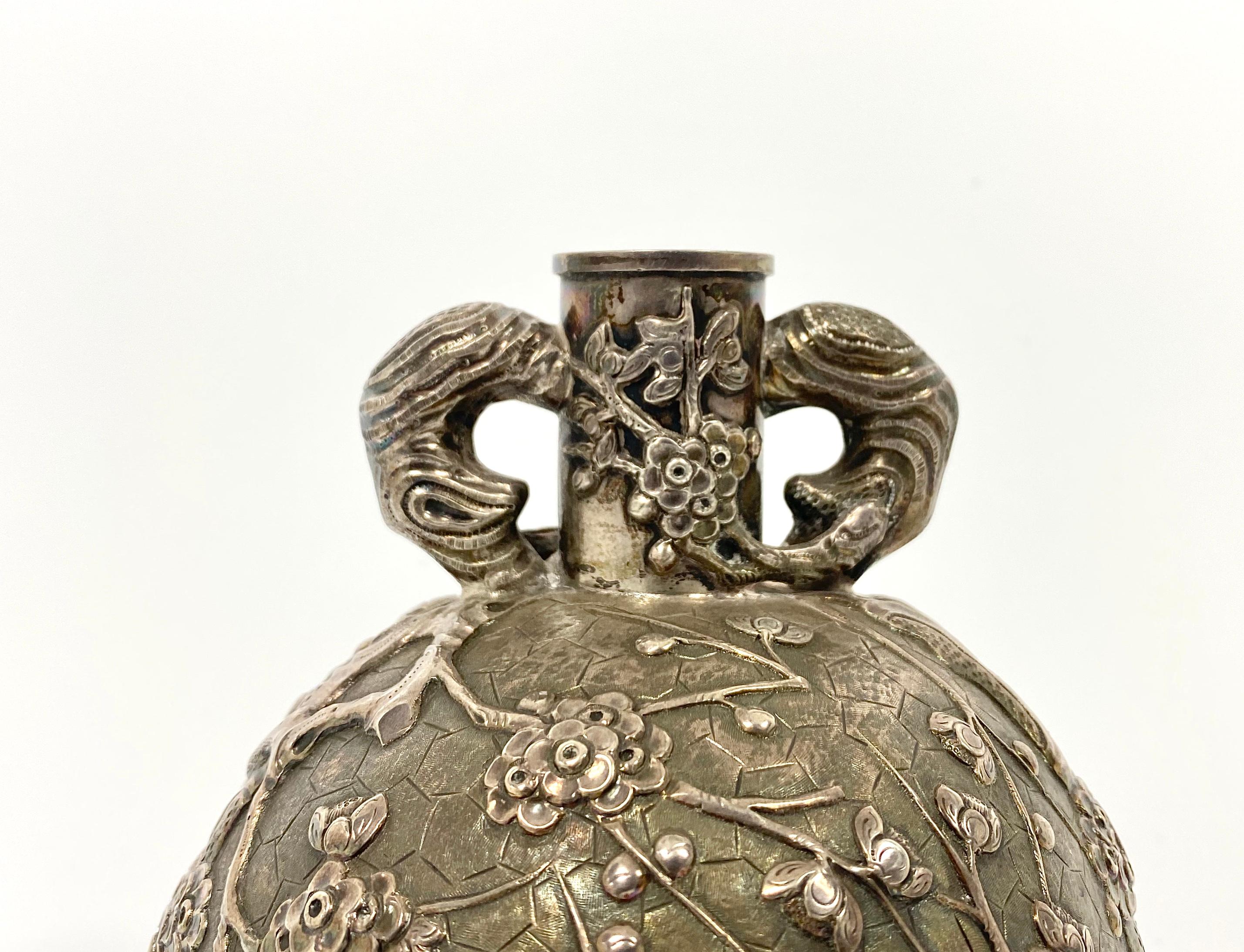 Chinese Export Chinese Silver Flask ‘Cherry blossom on a cracked ice ground’, Luen Wo, Shanghai