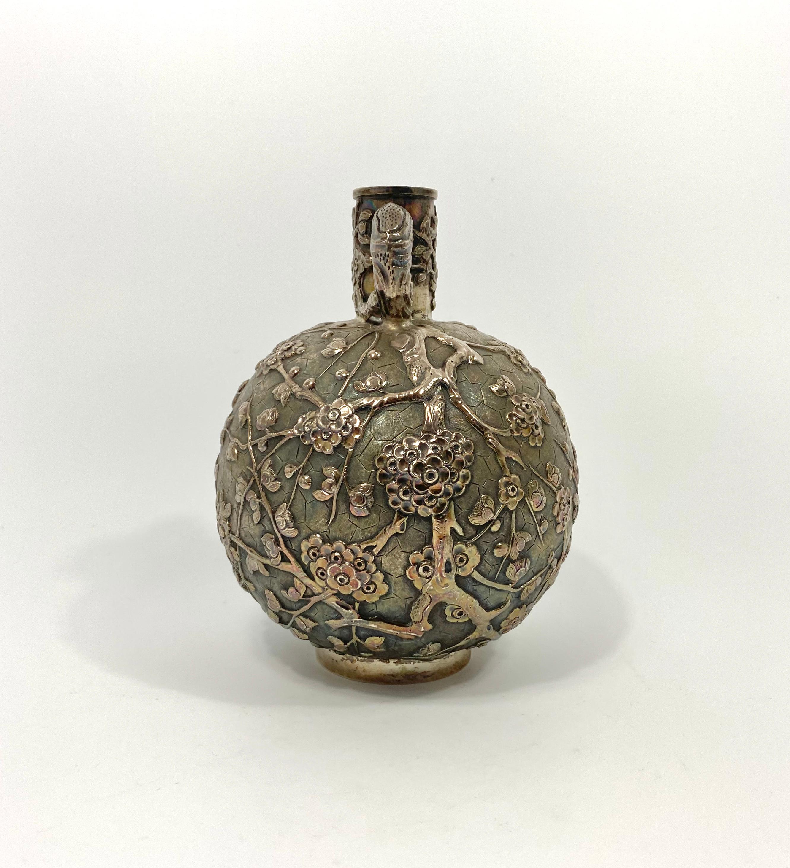 Cast Chinese Silver Flask ‘Cherry blossom on a cracked ice ground’, Luen Wo, Shanghai