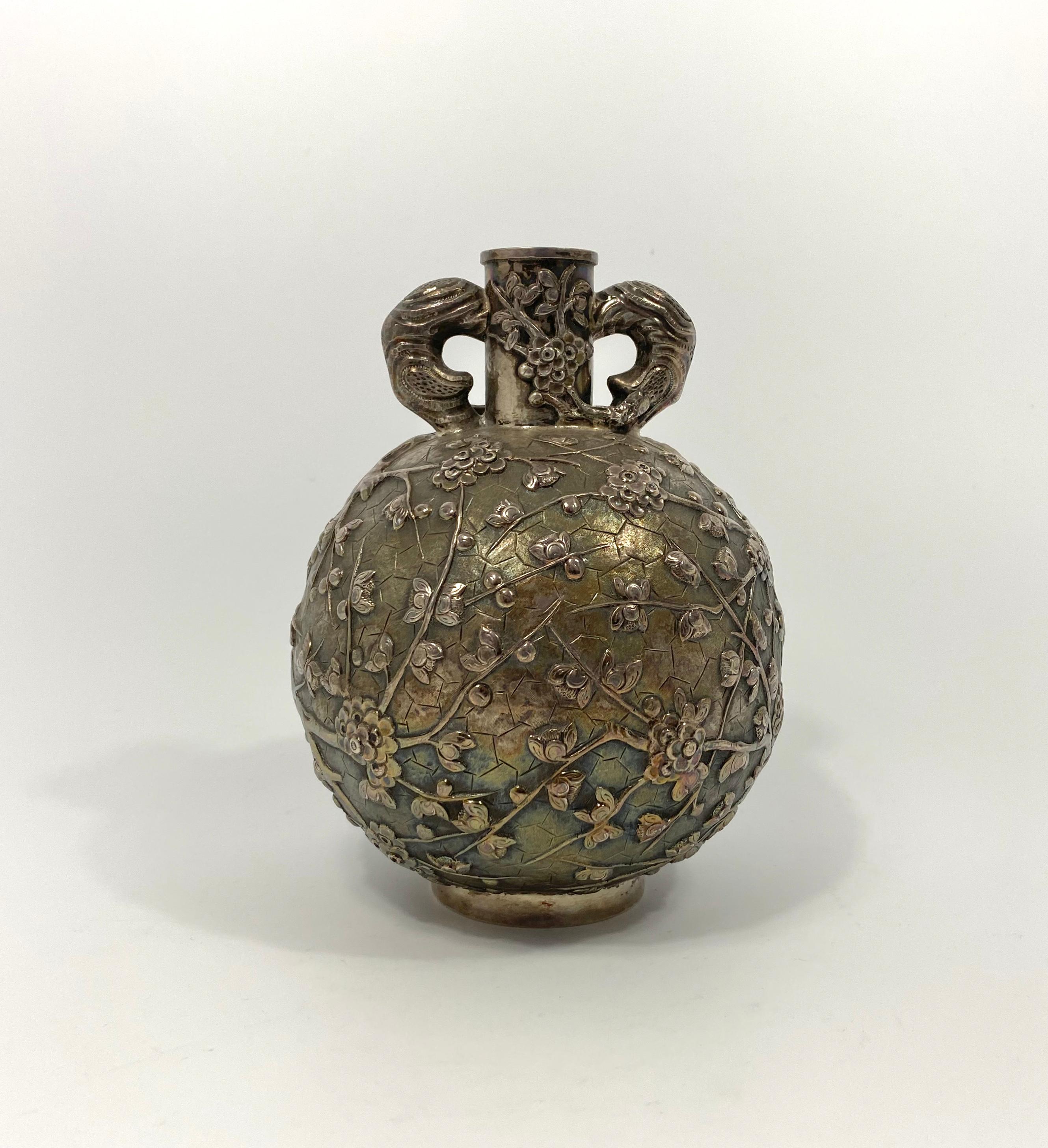 Late 19th Century Chinese Silver Flask ‘Cherry blossom on a cracked ice ground’, Luen Wo, Shanghai