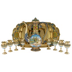 Chinese Silver-Gilt and Enamel Nanjing-Changjiang-Bridge Sake Set, circa 1970