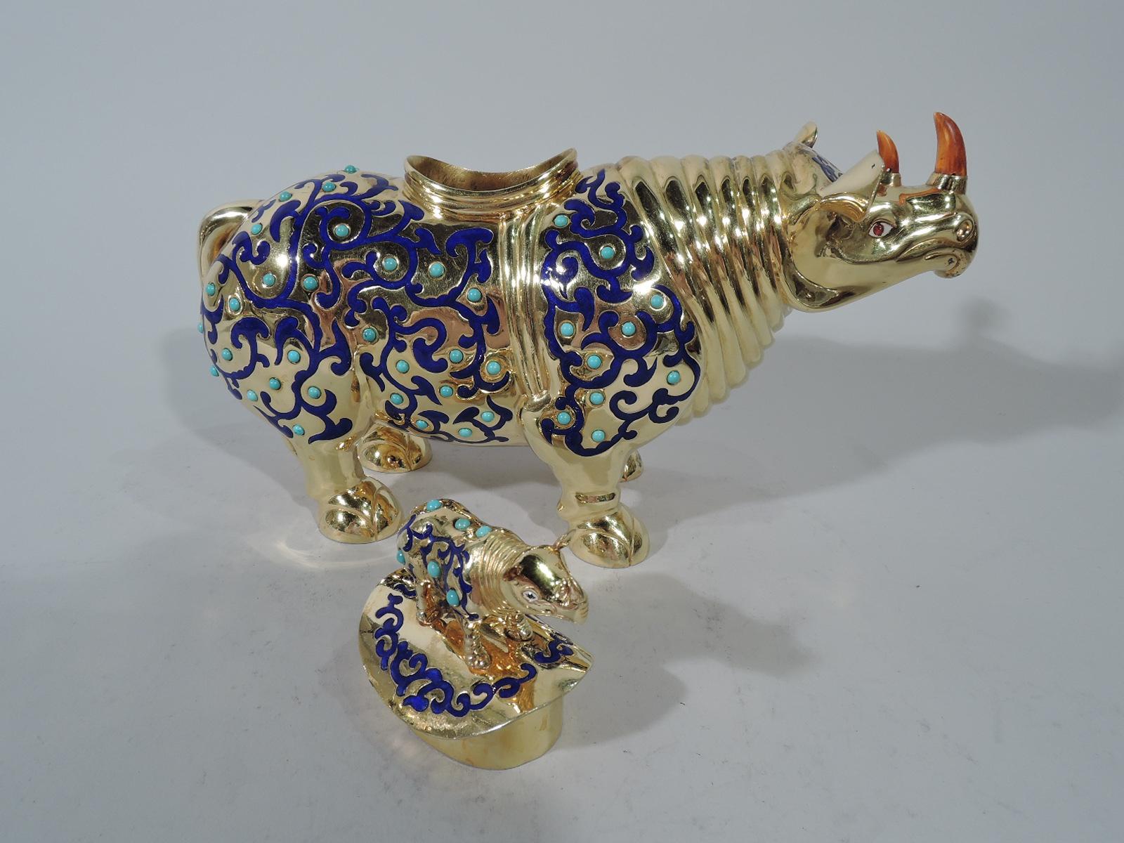 Chinese Silver Gilt and Enamel Rhinoceros Box In Excellent Condition In New York, NY