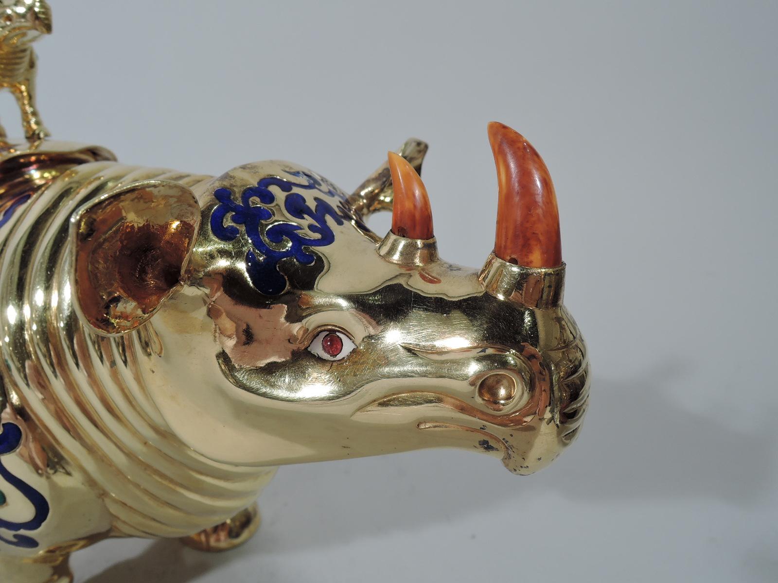 20th Century Chinese Silver Gilt and Enamel Rhinoceros Box