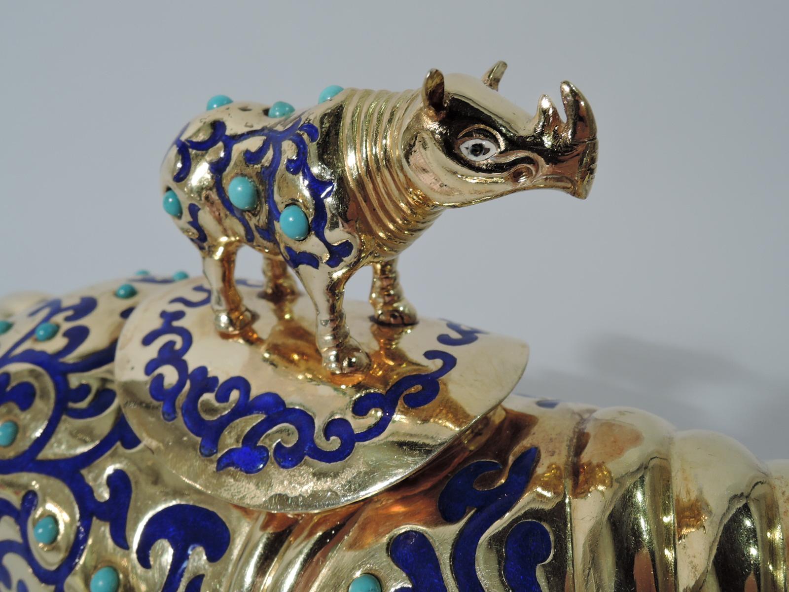 Chinese Silver Gilt and Enamel Rhinoceros Box 1