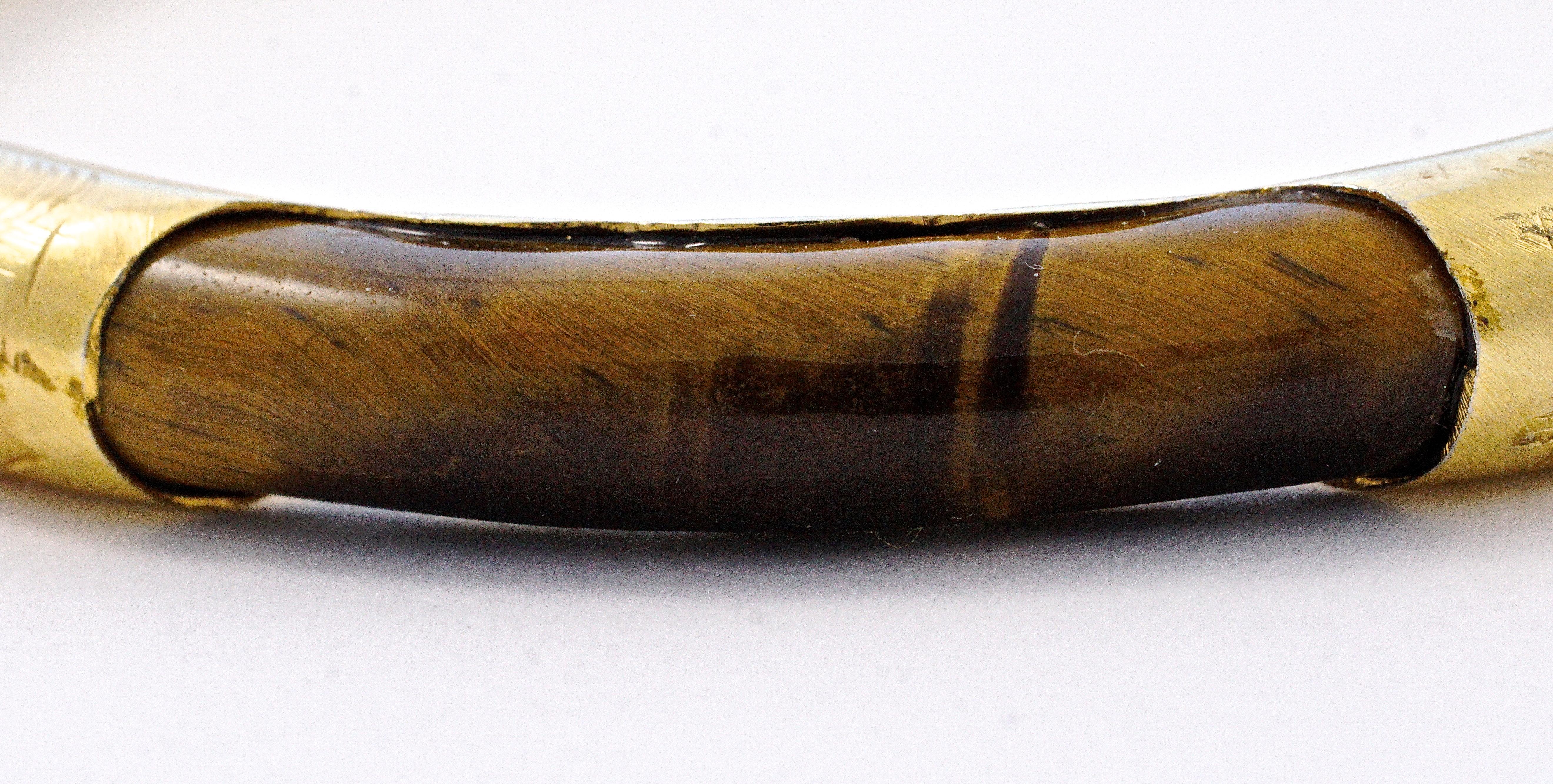 Women's or Men's Chinese Silver Gilt and Tigers Eye Bangle Bracelet with a Safety Chain